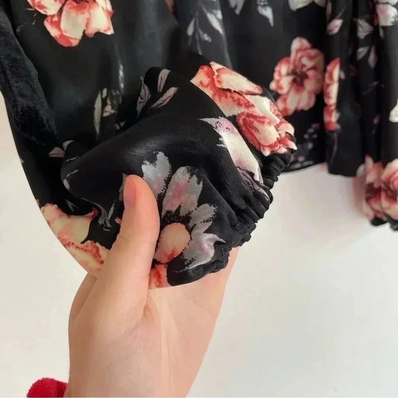 MISA Los Angeles Belva Blouse Off the Shoulder Black Velvet Bow Floral Satin - Picture 8 of 15